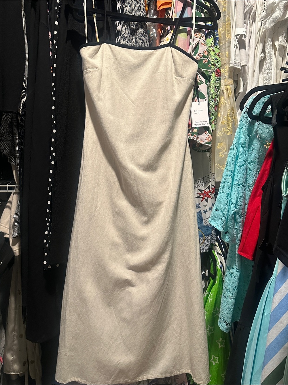 Strapless Cream Slip Dress with Black Trim